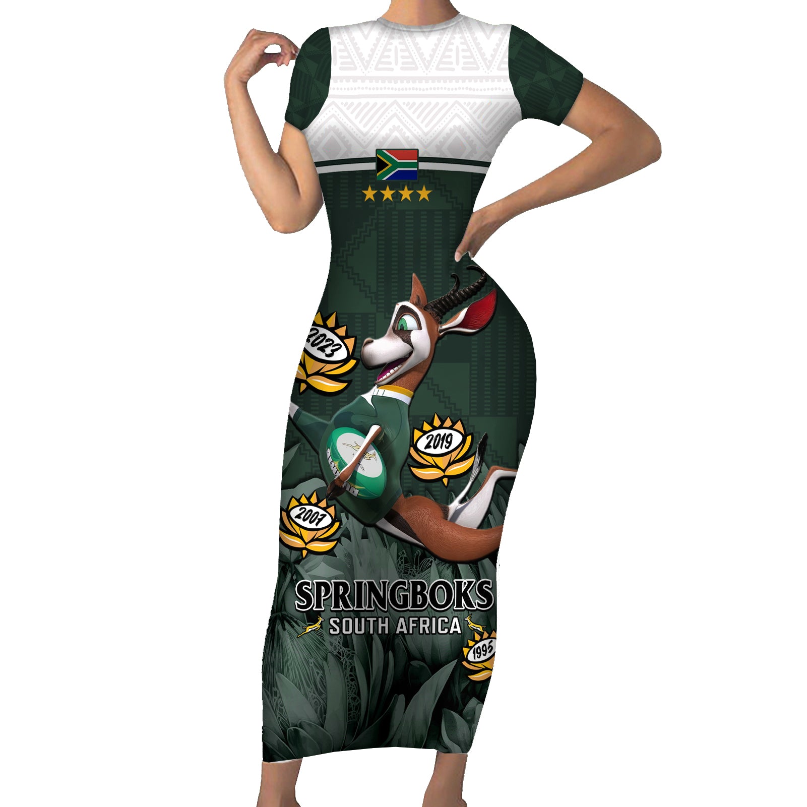 South Africa Rugby Short Sleeve Bodycon Dress Springboks 4th Champions World Cup Proud Bokke - Wonder Print Shop