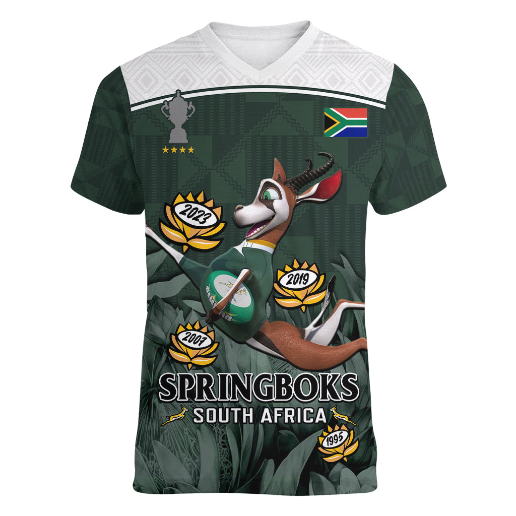 South Africa Rugby Women V Neck T Shirt Springboks 4th Champions World Cup Proud Bokke - Wonder Print Shop