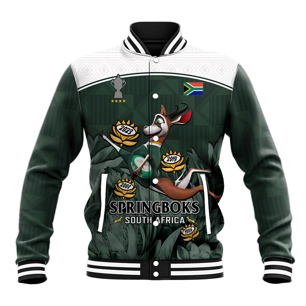 Green and white rugby-style baseball jacket with button snap front, striped collar, mascot graphic