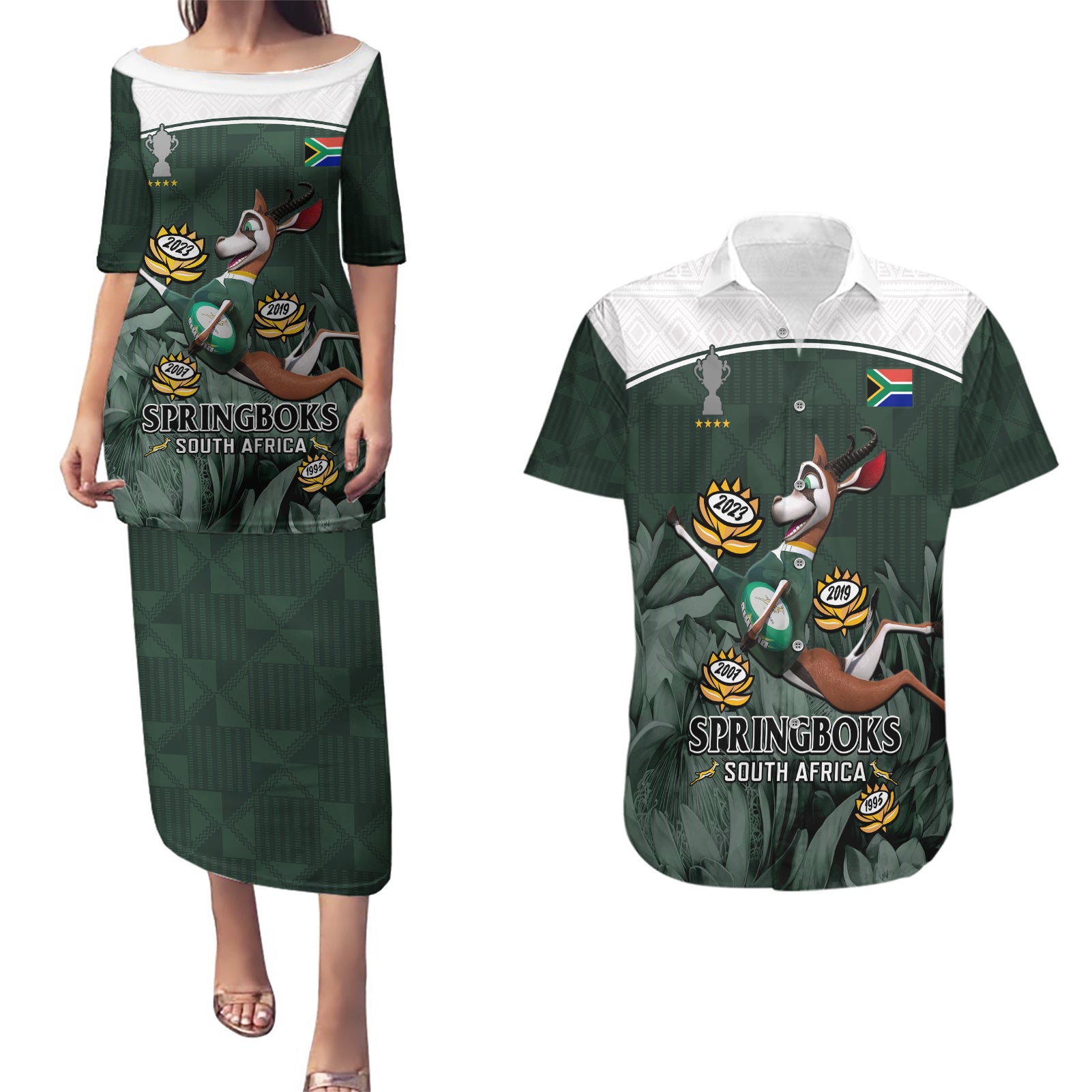 Custom South Africa Rugby Couples Matching Puletasi Dress and Hawaiian Shirt Springboks 4th Champions World Cup Proud Bokke - Wonder Print Shop