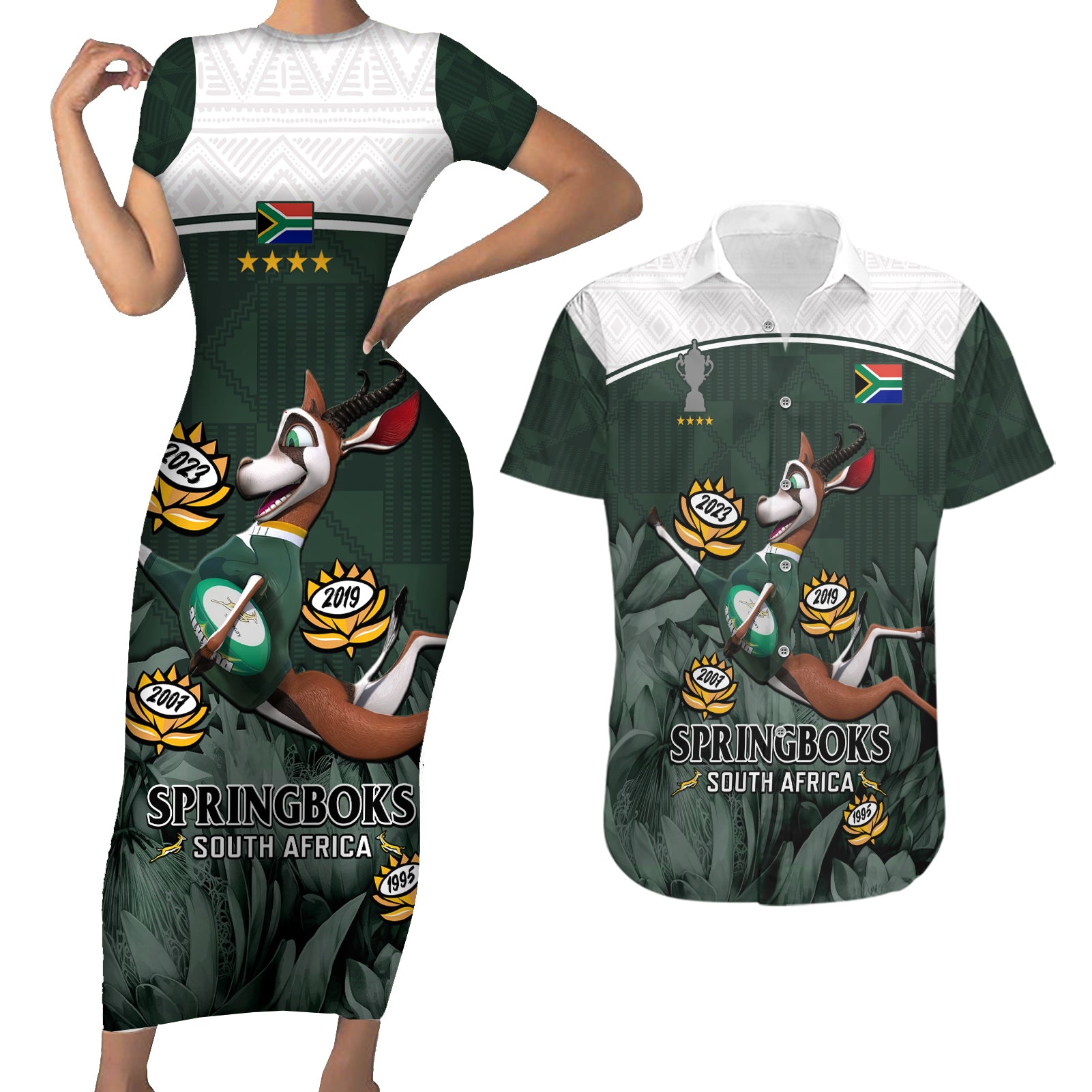 Custom South Africa Rugby Couples Matching Short Sleeve Bodycon Dress and Hawaiian Shirt Springboks 4th Champions World Cup Proud Bokke - Wonder Print Shop