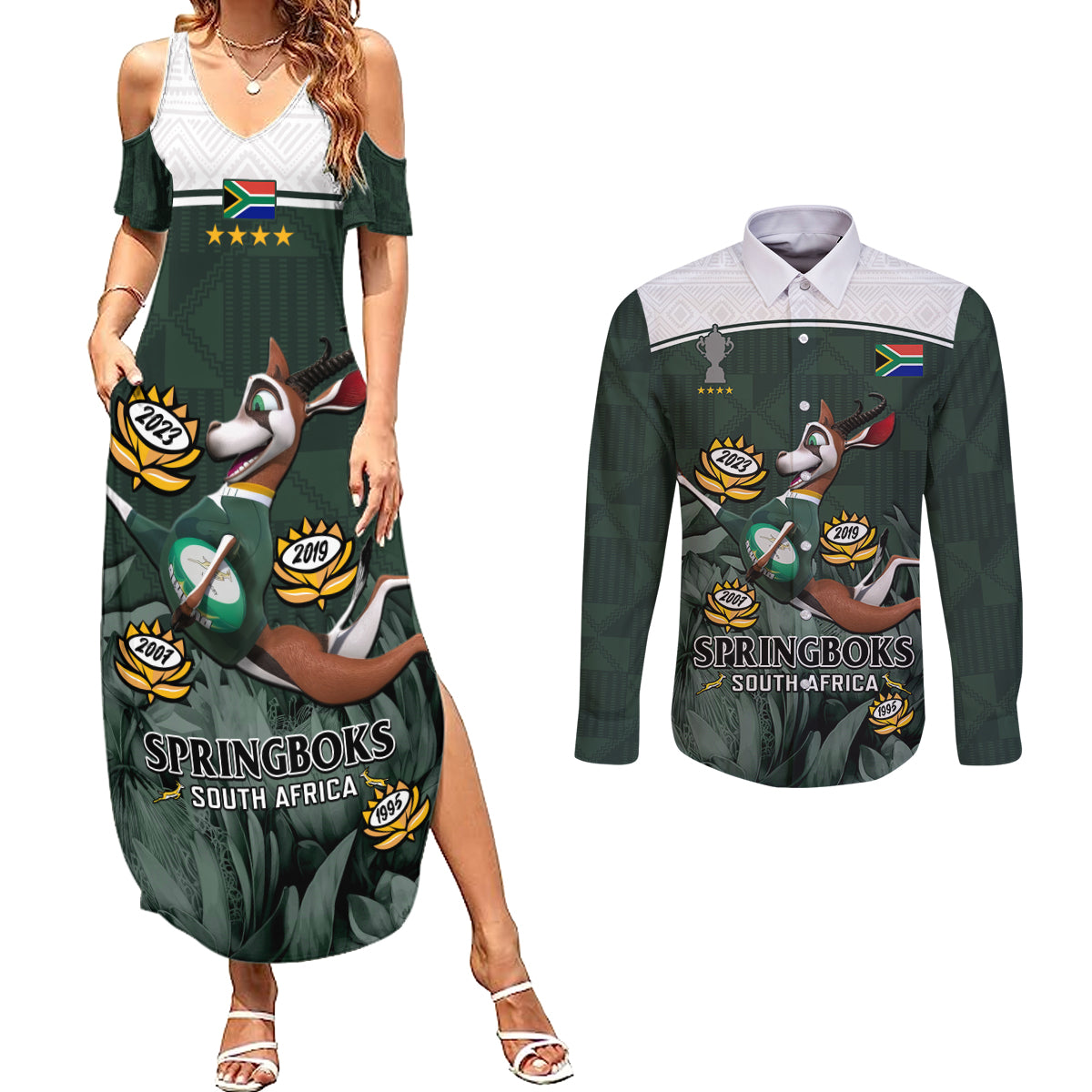 Custom South Africa Rugby Couples Matching Summer Maxi Dress and Long Sleeve Button Shirt Springboks 4th Champions World Cup Proud Bokke - Wonder Print Shop