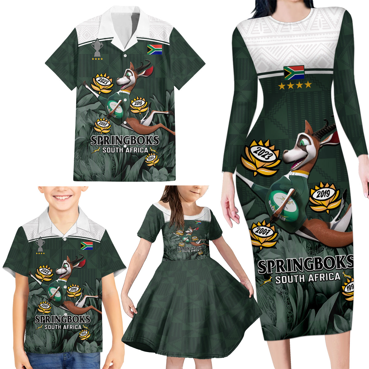 Custom South Africa Rugby Family Matching Long Sleeve Bodycon Dress and Hawaiian Shirt Springboks 4th Champions World Cup Proud Bokke - Wonder Print Shop