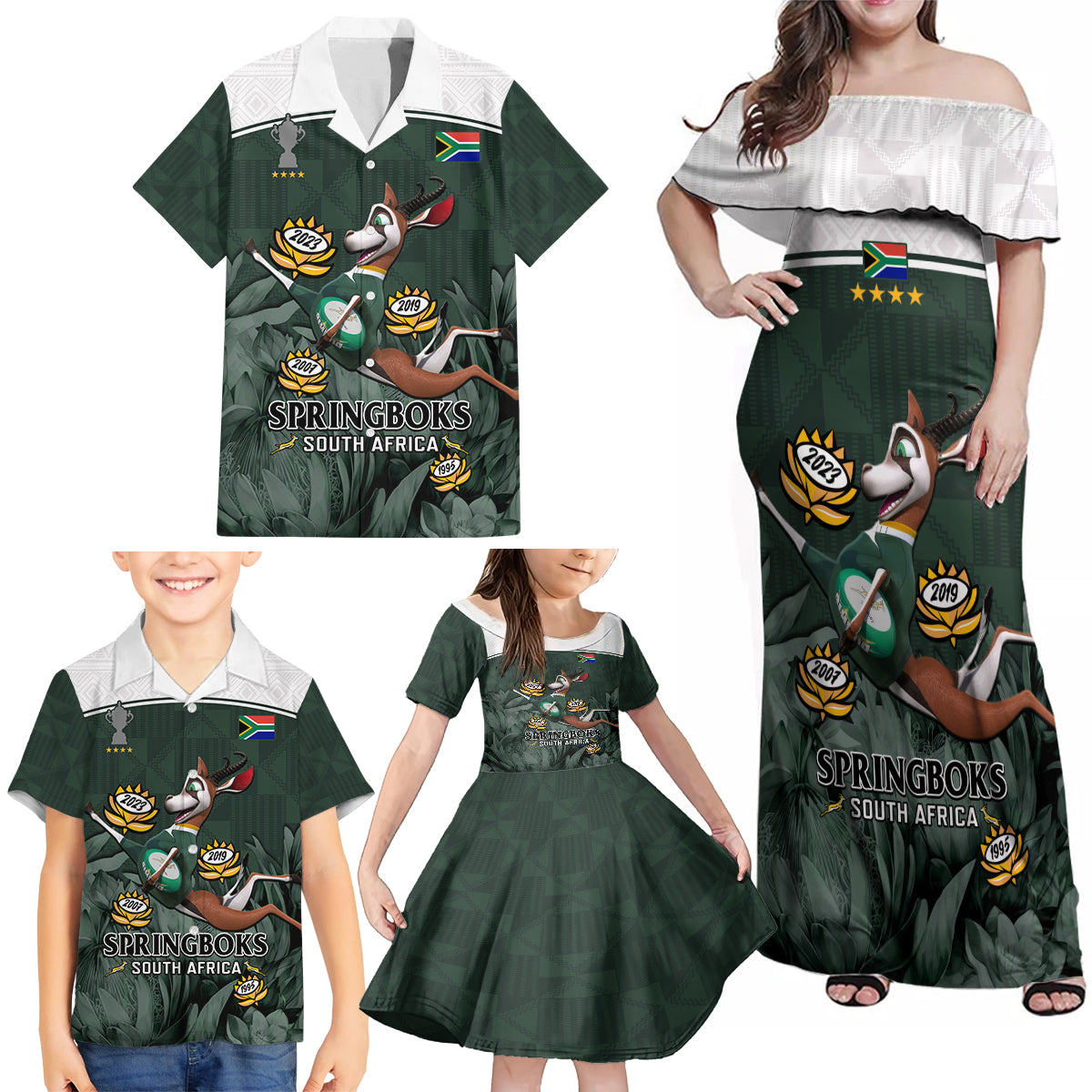 Custom South Africa Rugby Family Matching Off Shoulder Maxi Dress and Hawaiian Shirt Springboks 4th Champions World Cup Proud Bokke - Wonder Print Shop