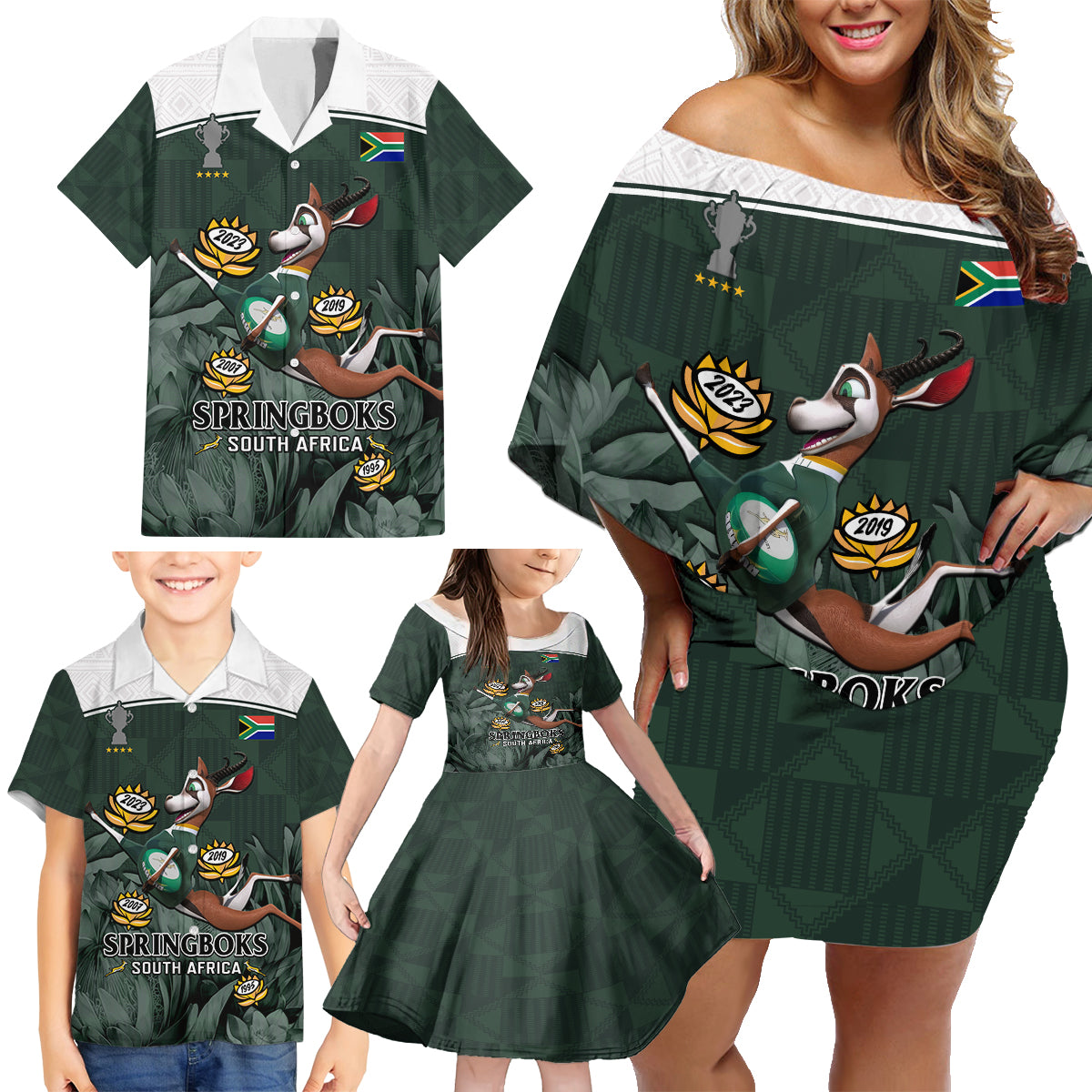 Custom South Africa Rugby Family Matching Off Shoulder Short Dress and Hawaiian Shirt Springboks 4th Champions World Cup Proud Bokke - Wonder Print Shop