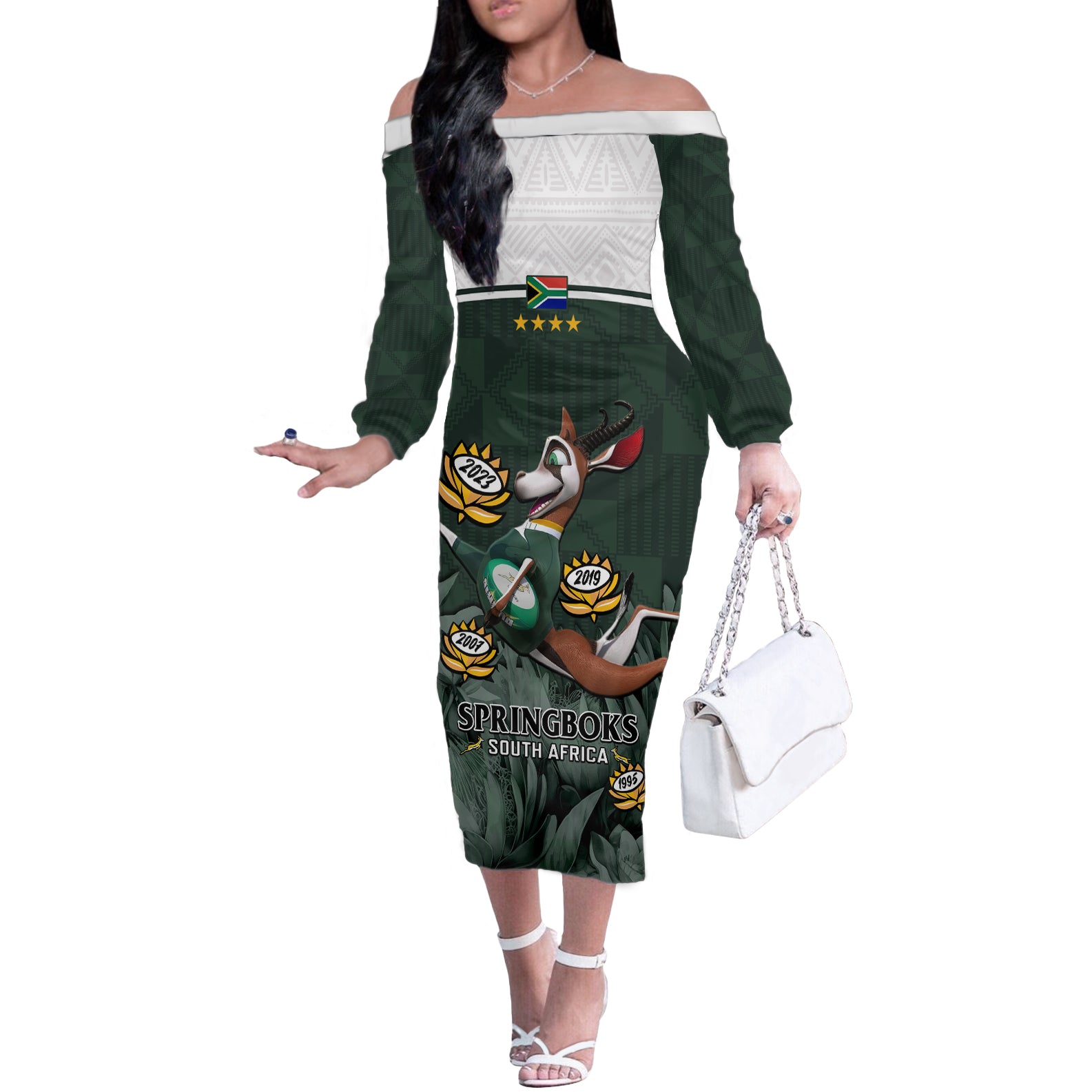 Custom South Africa Rugby Off The Shoulder Long Sleeve Dress Springboks 4th Champions World Cup Proud Bokke - Wonder Print Shop