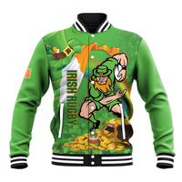 Green varsity baseball jacket with leprechaun rugby graphic, striped collar and cuffs
