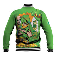 Green baseball jacket back with leprechaun rugby artwork, striped hem, collar, and cuffs