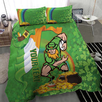 Green bedding set shown on a bed: duvet cover and pillowcases with leprechaun and pot of gold