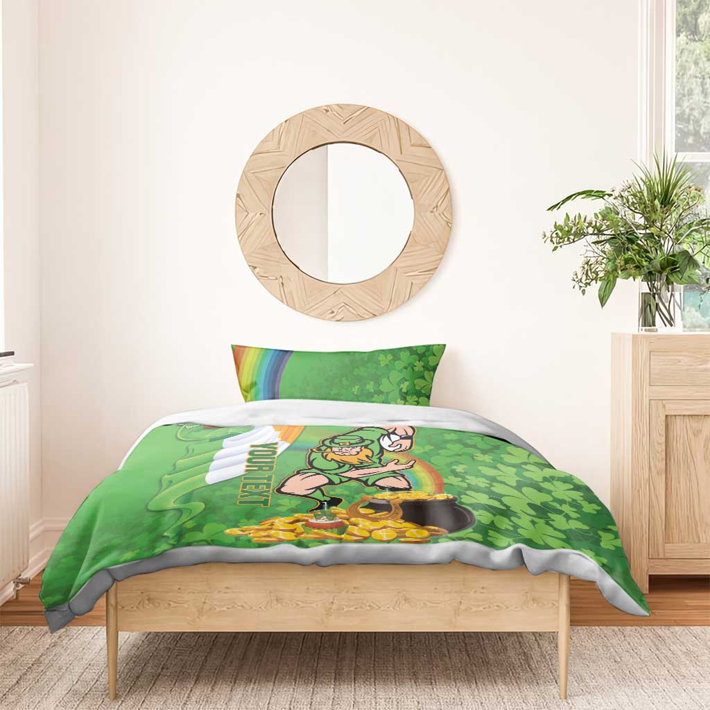Green duvet cover and pillowcase with leprechaun, pot of gold, rainbow arcs, and clover pattern