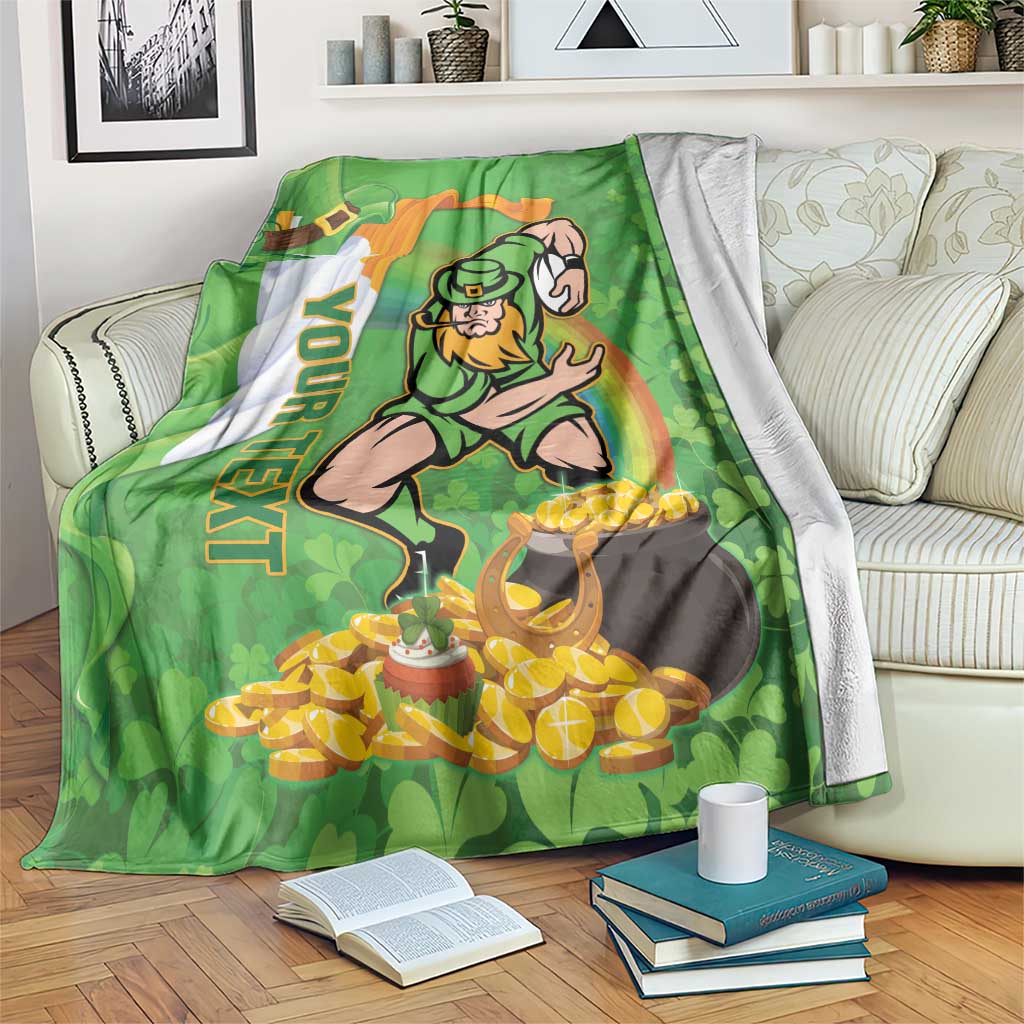 Green St Patrick’s Day rugby blanket with leprechaun and pot of gold graphic