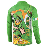 Green button sweatshirt back view with leprechaun graphic and vertical “VORTEX” text