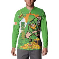 Green button sweatshirt worn by model; leprechaun and coin graphic on front