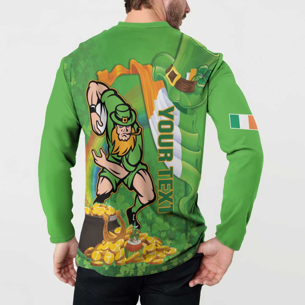 Green button sweatshirt worn by model; back leprechaun graphic with vertical “VORTEX” text