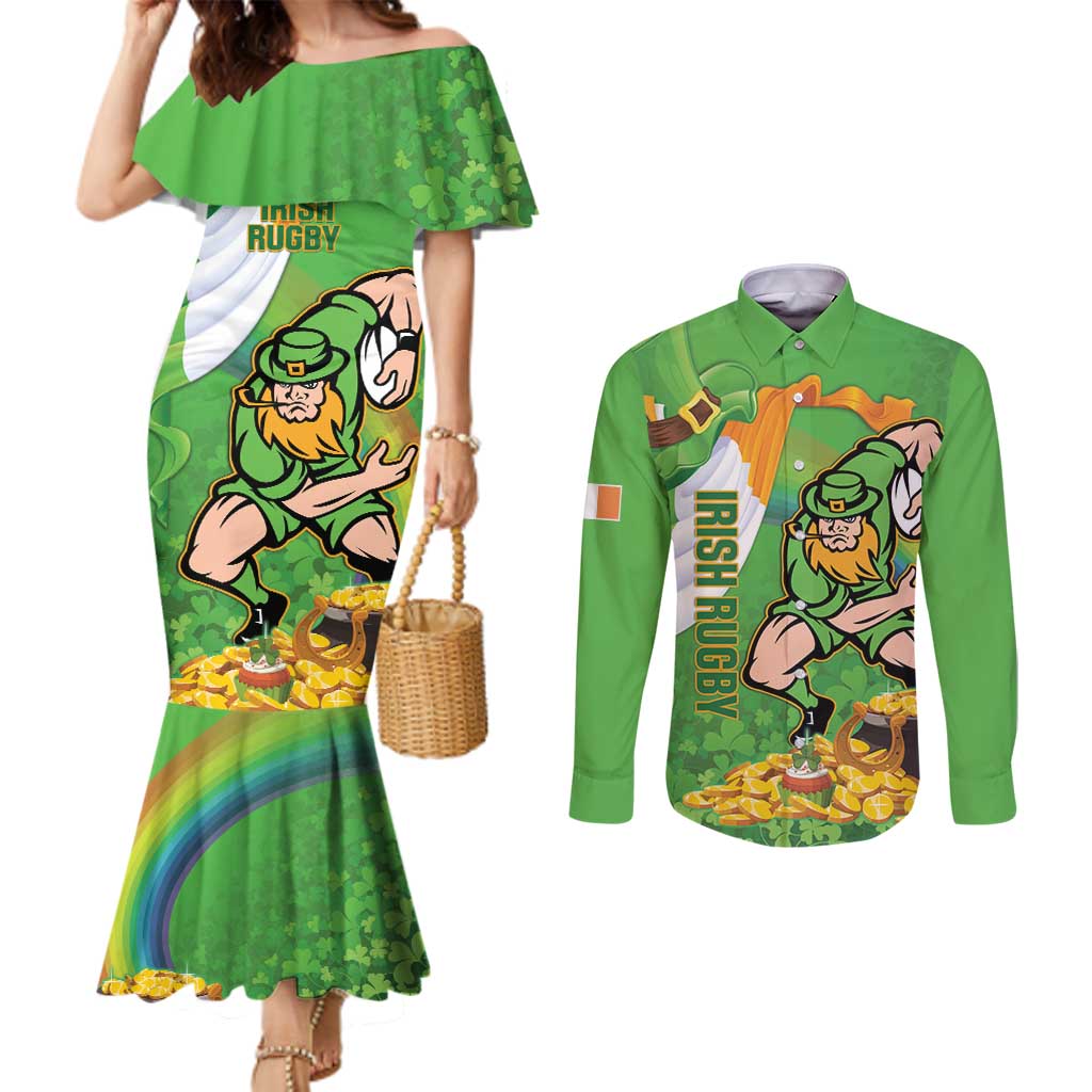 Personalised Ireland Rugby 2025 Couples Matching Mermaid Dress and Long Sleeve Button Shirt Irish Leprechaun Saint Patrick's Day