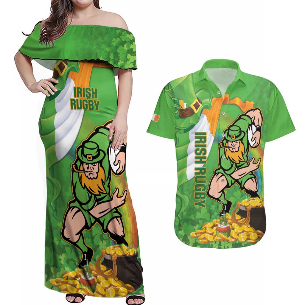 Personalised Ireland Rugby 2025 Couples Matching Off Shoulder Maxi Dress and Hawaiian Shirt Irish Leprechaun Saint Patrick's Day