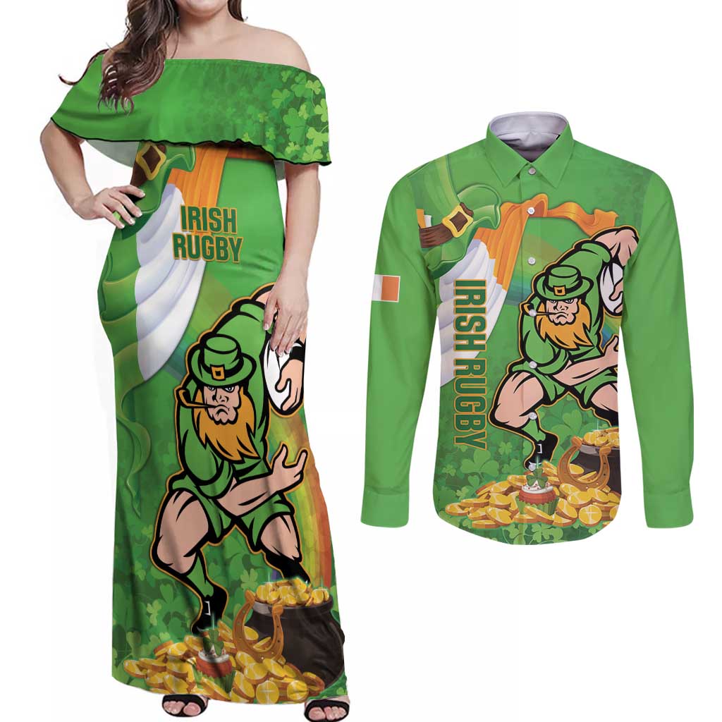 Personalised Ireland Rugby 2025 Couples Matching Off Shoulder Maxi Dress and Long Sleeve Button Shirt Irish Leprechaun Saint Patrick's Day