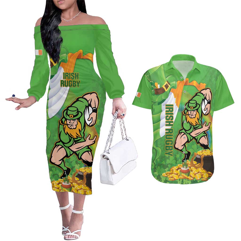 Personalised Ireland Rugby 2025 Couples Matching Off The Shoulder Long Sleeve Dress and Hawaiian Shirt Irish Leprechaun Saint Patrick's Day