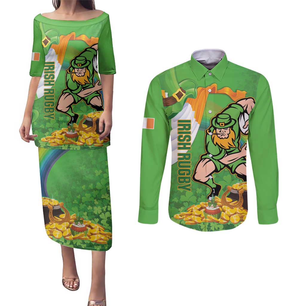 Personalised Ireland Rugby 2025 Couples Matching Puletasi and Long Sleeve Button Shirt Irish Leprechaun Saint Patrick's Day