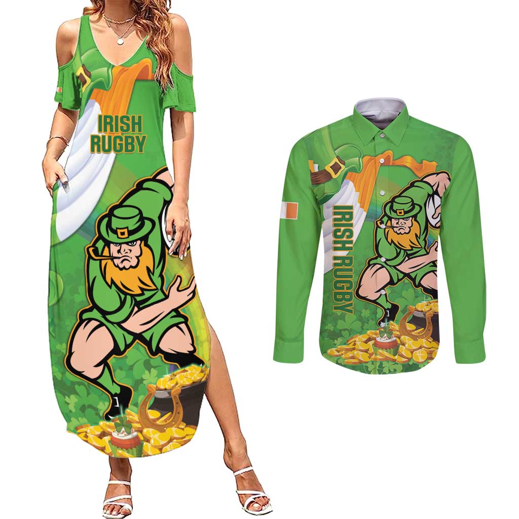 Personalised Ireland Rugby 2025 Couples Matching Summer Maxi Dress and Long Sleeve Button Shirt Irish Leprechaun Saint Patrick's Day