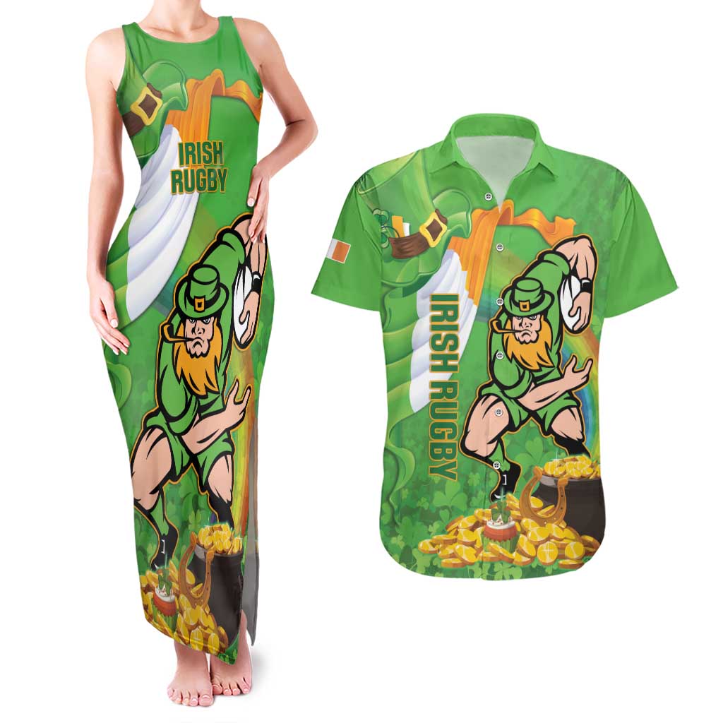 Personalised Ireland Rugby 2025 Couples Matching Tank Maxi Dress and Hawaiian Shirt Irish Leprechaun Saint Patrick's Day