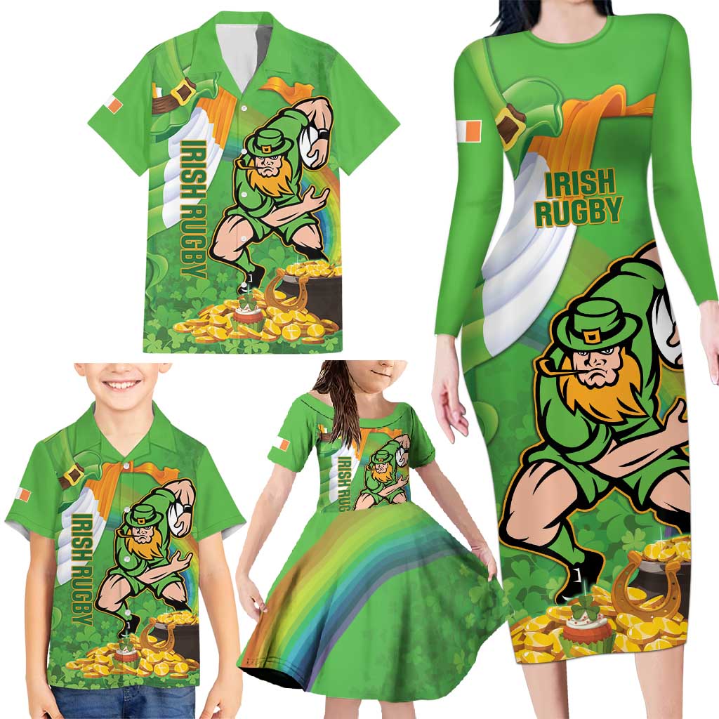 Personalised Ireland Rugby 2025 Family Matching Long Sleeve Bodycon Dress and Hawaiian Shirt Irish Leprechaun Saint Patrick's Day