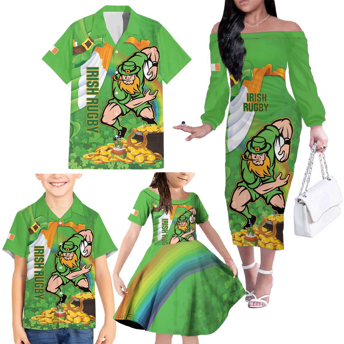 Personalised Ireland Rugby 2025 Family Matching Off The Shoulder Long Sleeve Dress and Hawaiian Shirt Irish Leprechaun Saint Patrick's Day