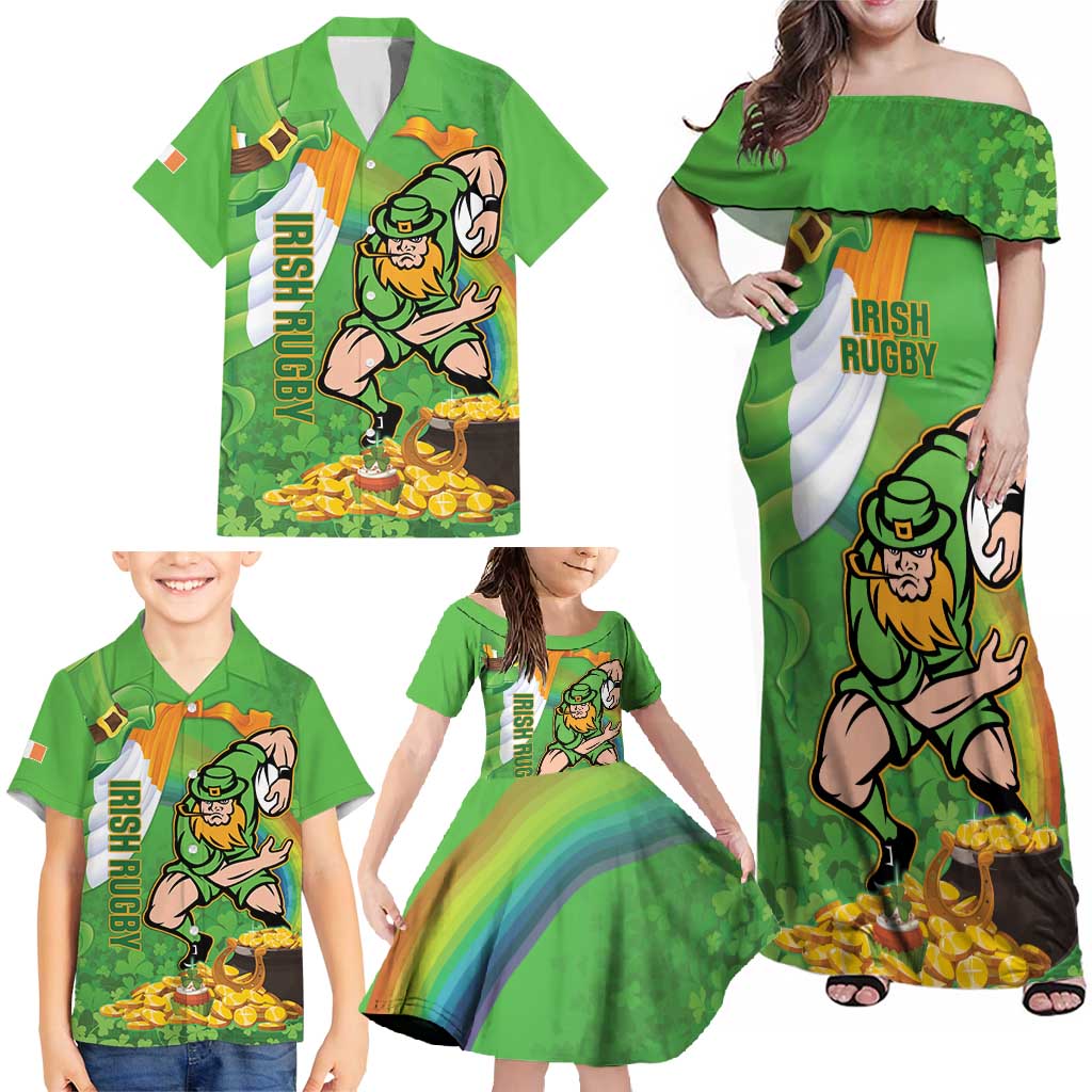 Personalised Ireland Rugby 2025 Family Matching Off Shoulder Maxi Dress and Hawaiian Shirt Irish Leprechaun Saint Patrick's Day - Wonder Print Shop