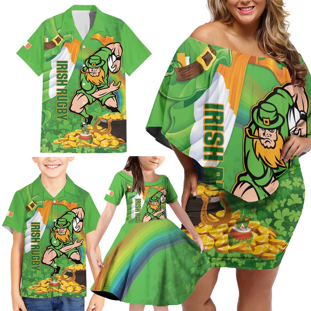 Personalised Ireland Rugby 2025 Family Matching Off Shoulder Short Dress and Hawaiian Shirt Irish Leprechaun Saint Patrick's Day - Wonder Print Shop