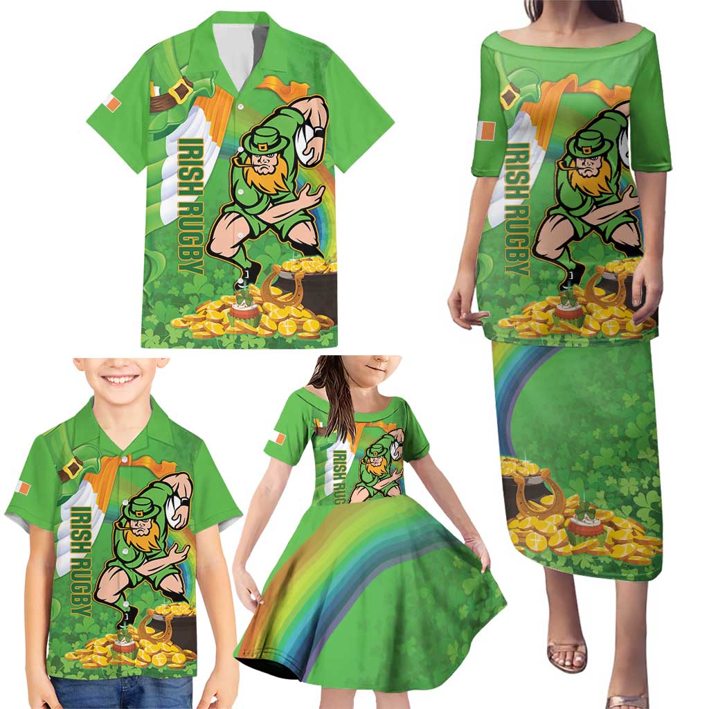 Personalised Ireland Rugby 2025 Family Matching Puletasi and Hawaiian Shirt Irish Leprechaun Saint Patrick's Day