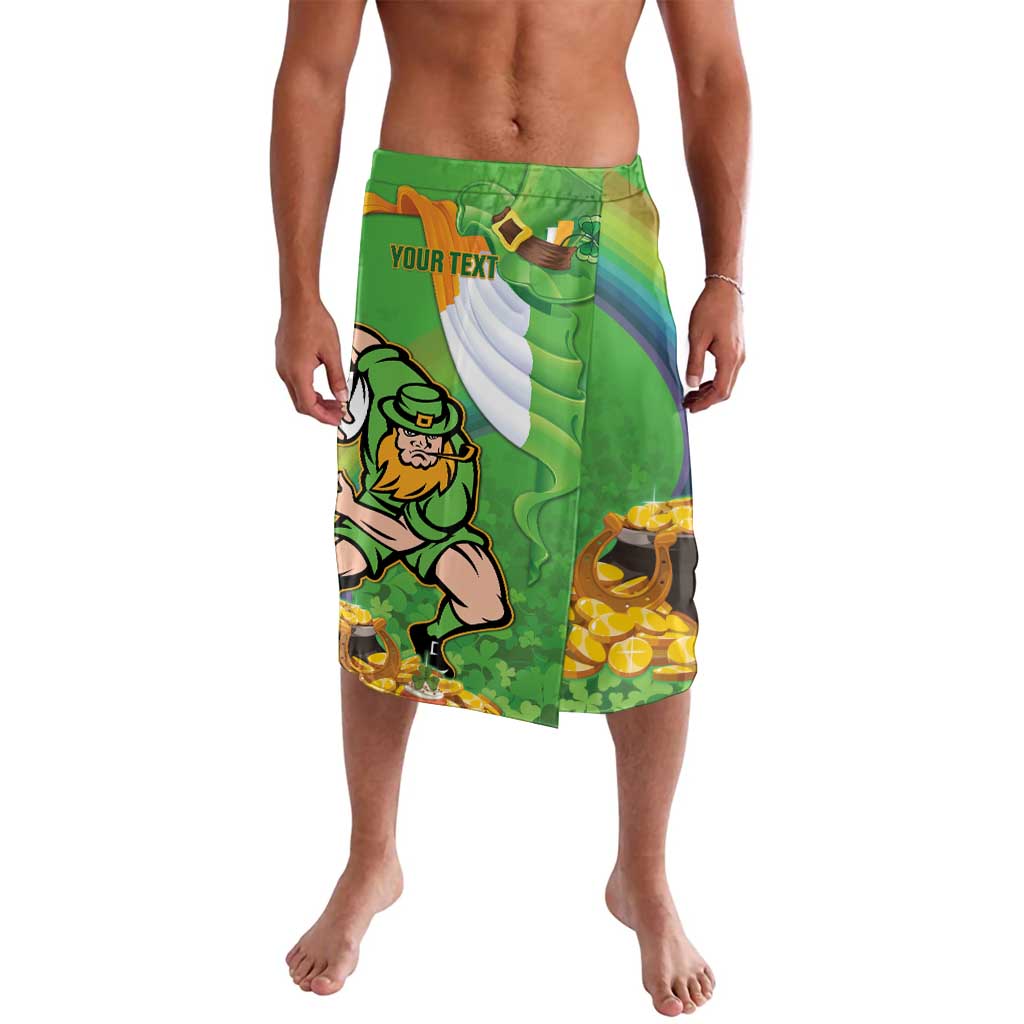 Green graphic swim shorts with leprechaun and gold coins, elastic waistband