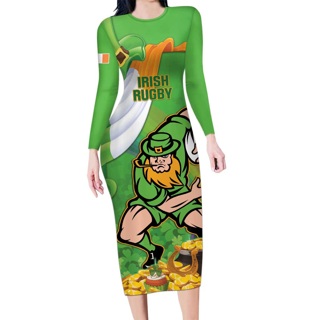 Personalised Ireland Rugby 2025 Long Sleeve Bodycon Dress Irish Leprechaun Saint Patrick's Day - Wonder Print Shop