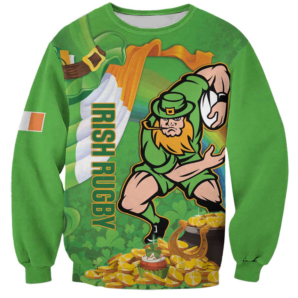 Green crewneck sweatshirt with front rugby-themed leprechaun graphic and vertical Irish rugby text