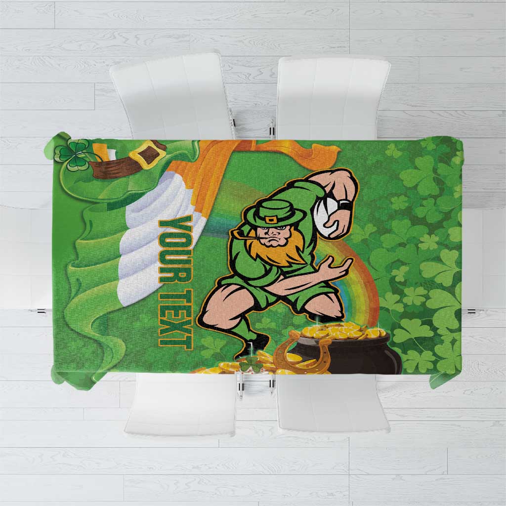 Green novelty tablecloth with leprechaun, pot of gold, and shamrock pattern
