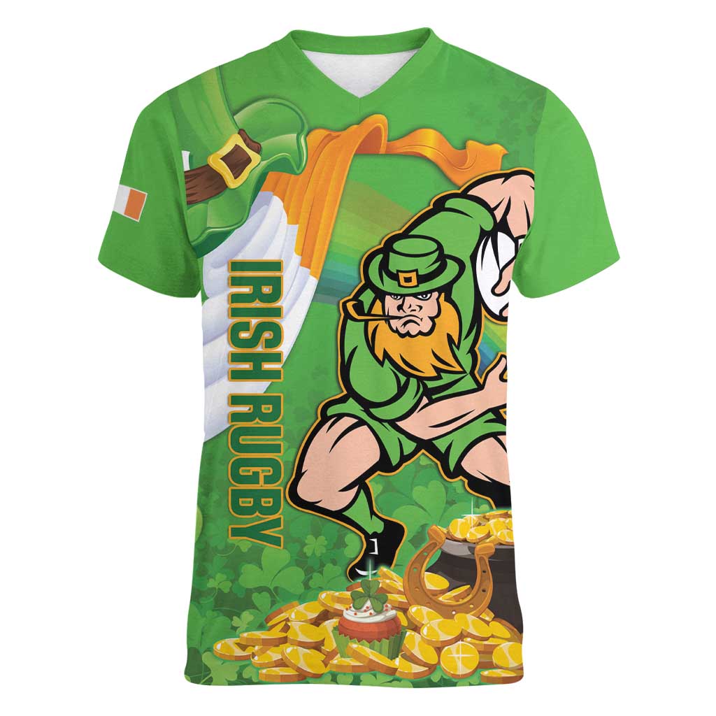 Personalised Ireland Rugby 2025 Women V-Neck T-Shirt Irish Leprechaun Saint Patrick's Day