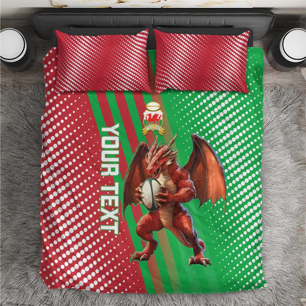 Red and green polka-dot rugby bedding set with dragon graphic and striped accents, twin cover view