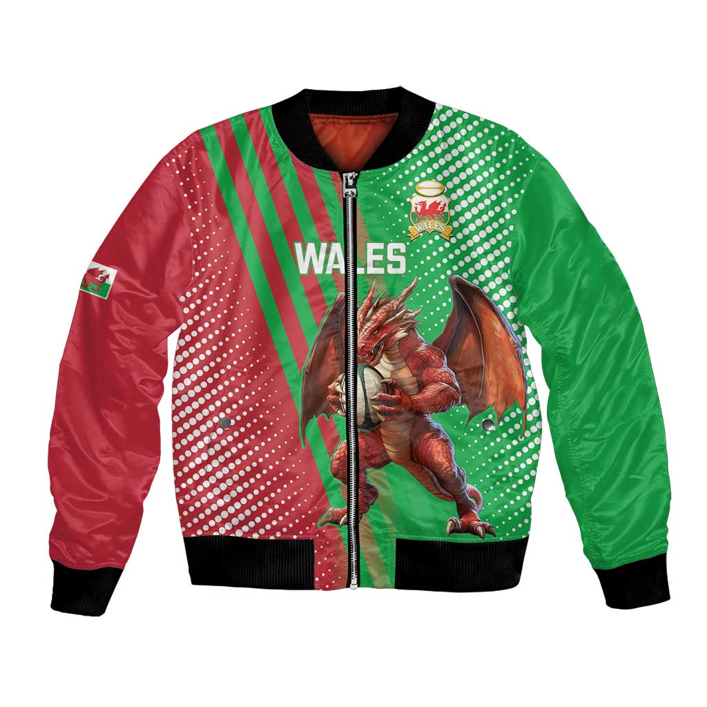 Green and red bomber jacket with zip front, black ribbed collar, dragon graphic