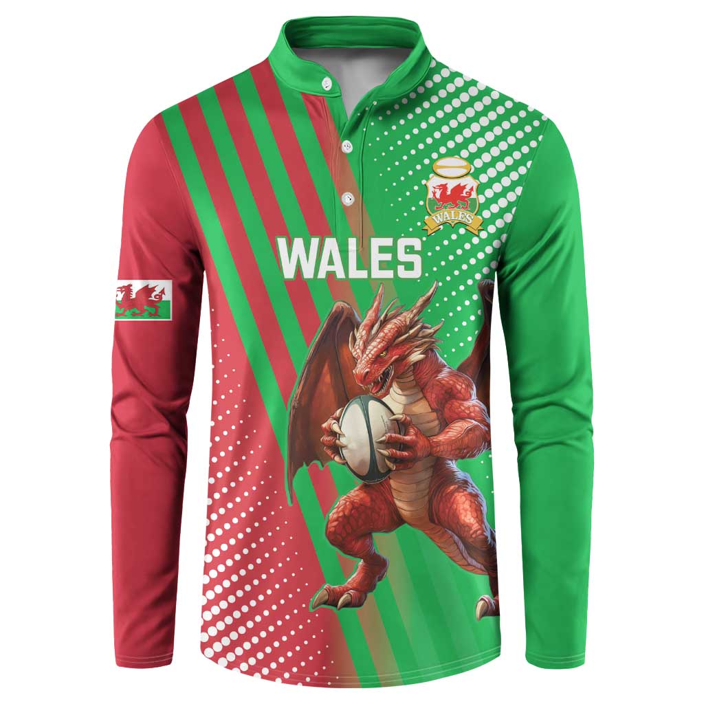 Green and red Wales button rugby sweatshirt with dragon and Wales crest graphic