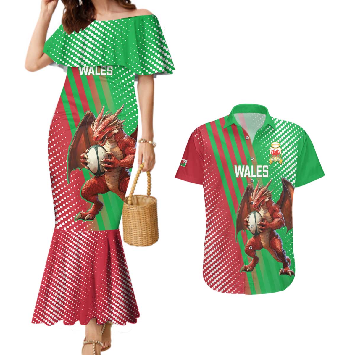 Custom Wales Rugby 2025 Couples Matching Mermaid Dress and Hawaiian Shirt Go Welsh Dragon Sporty Style