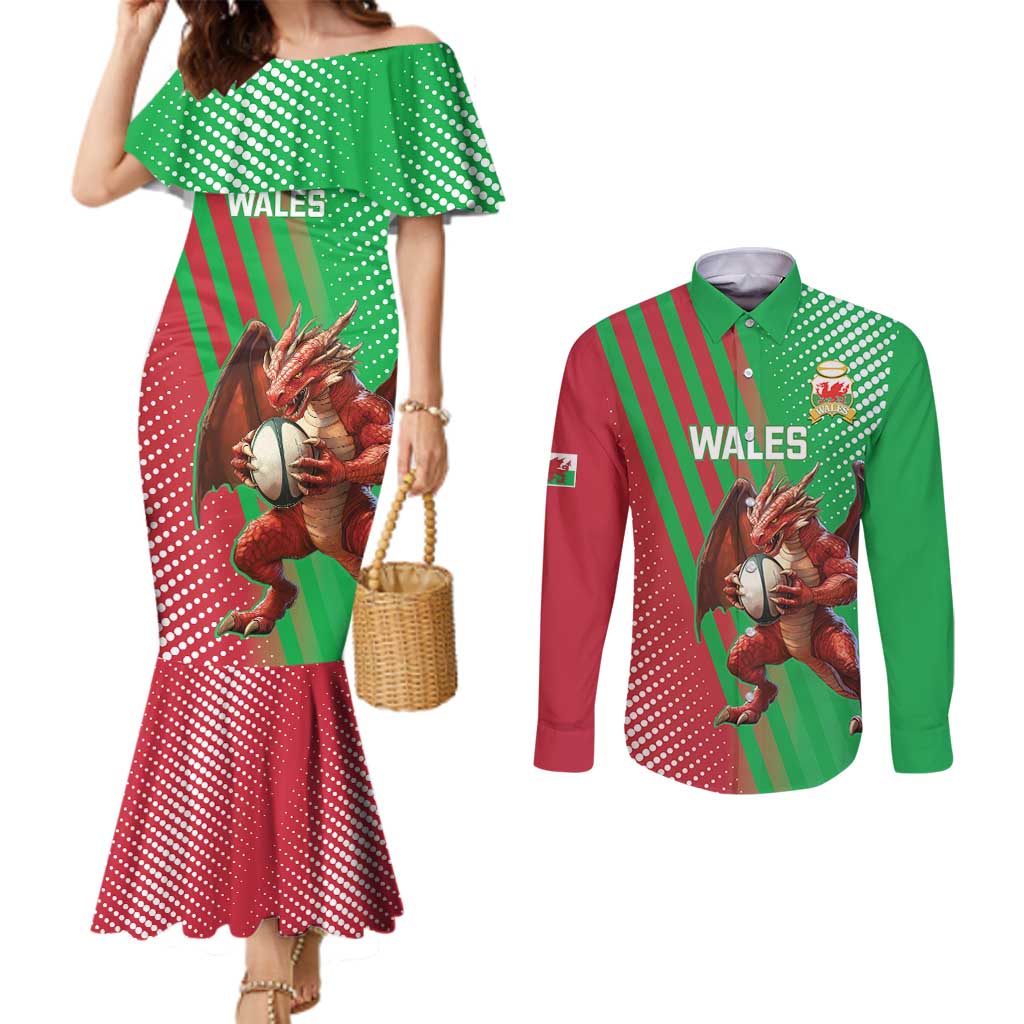 Custom Wales Rugby 2025 Couples Matching Mermaid Dress and Long Sleeve Button Shirt Go Welsh Dragon Sporty Style