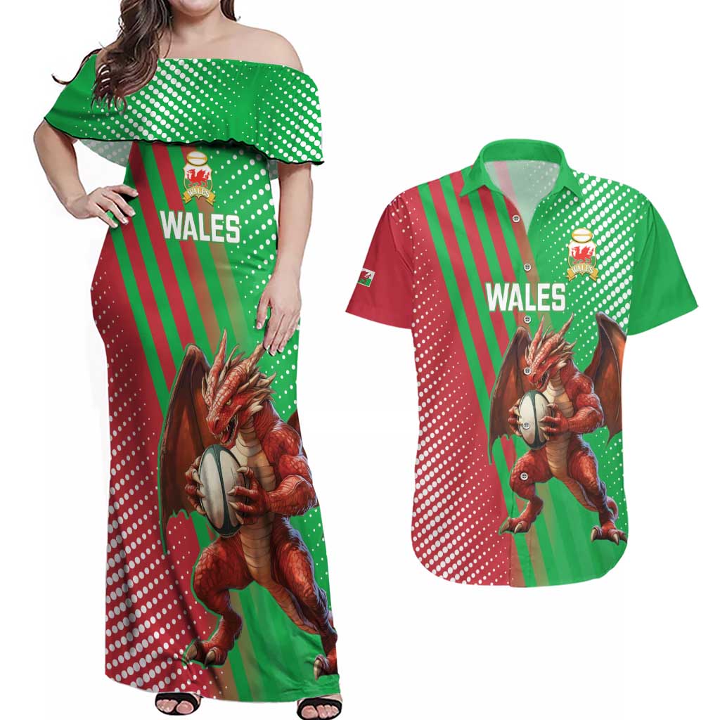 Custom Wales Rugby 2025 Couples Matching Off Shoulder Maxi Dress and Hawaiian Shirt Go Welsh Dragon Sporty Style