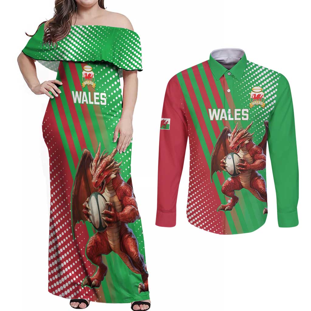 Custom Wales Rugby 2025 Couples Matching Off Shoulder Maxi Dress and Long Sleeve Button Shirt Go Welsh Dragon Sporty Style