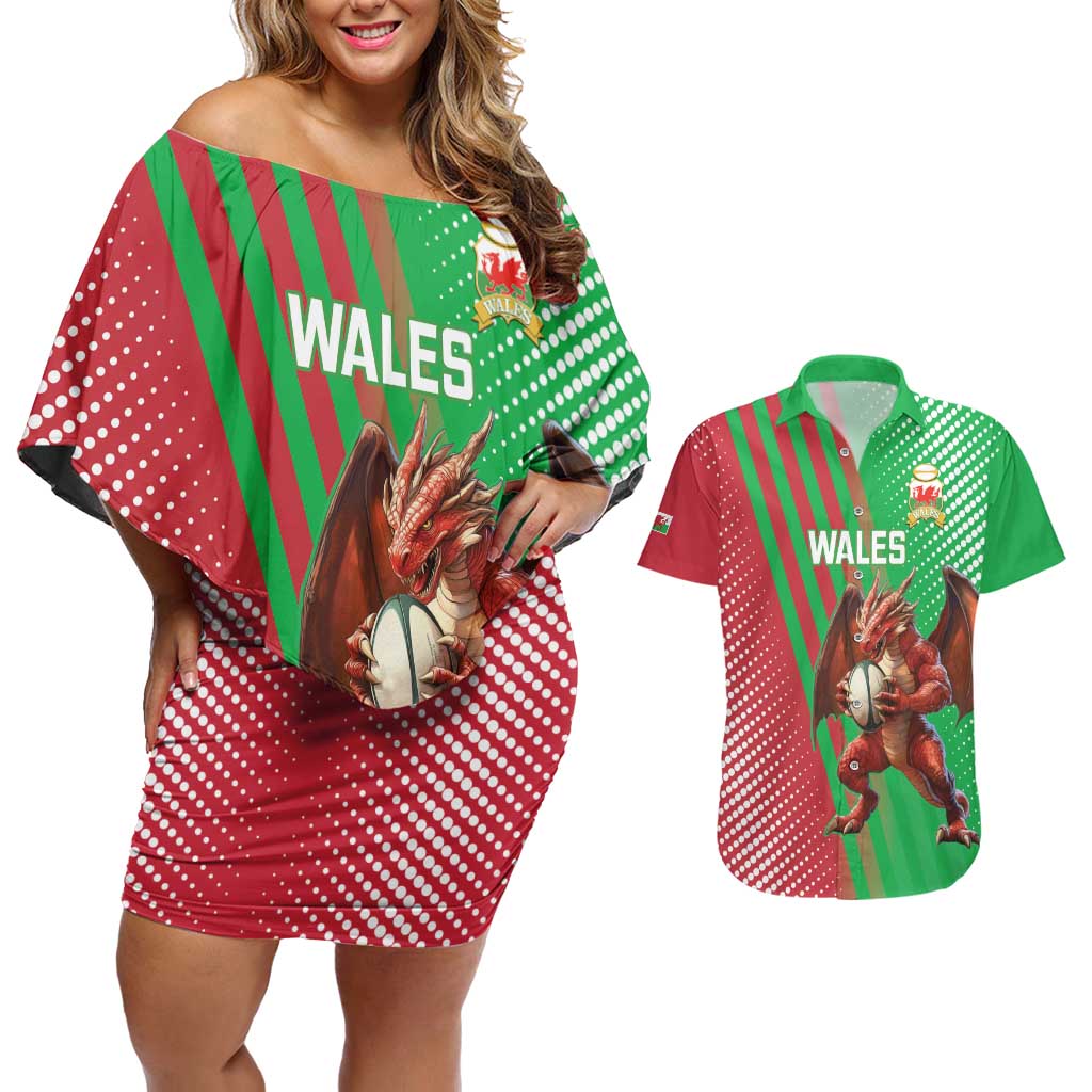 Custom Wales Rugby 2025 Couples Matching Off Shoulder Short Dress and Hawaiian Shirt Go Welsh Dragon Sporty Style