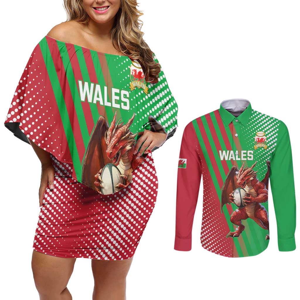 Custom Wales Rugby 2025 Couples Matching Off Shoulder Short Dress and Long Sleeve Button Shirt Go Welsh Dragon Sporty Style