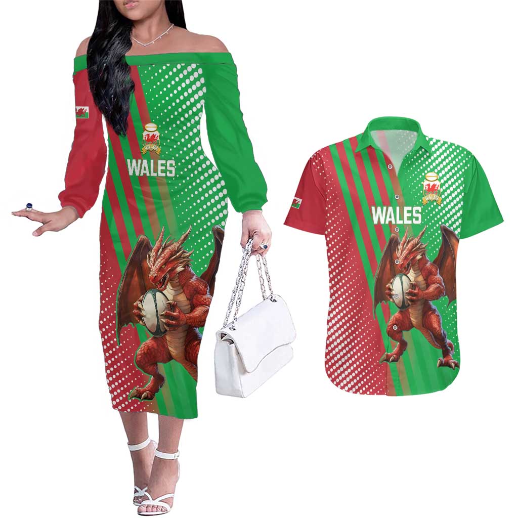 Custom Wales Rugby 2025 Couples Matching Off The Shoulder Long Sleeve Dress and Hawaiian Shirt Go Welsh Dragon Sporty Style