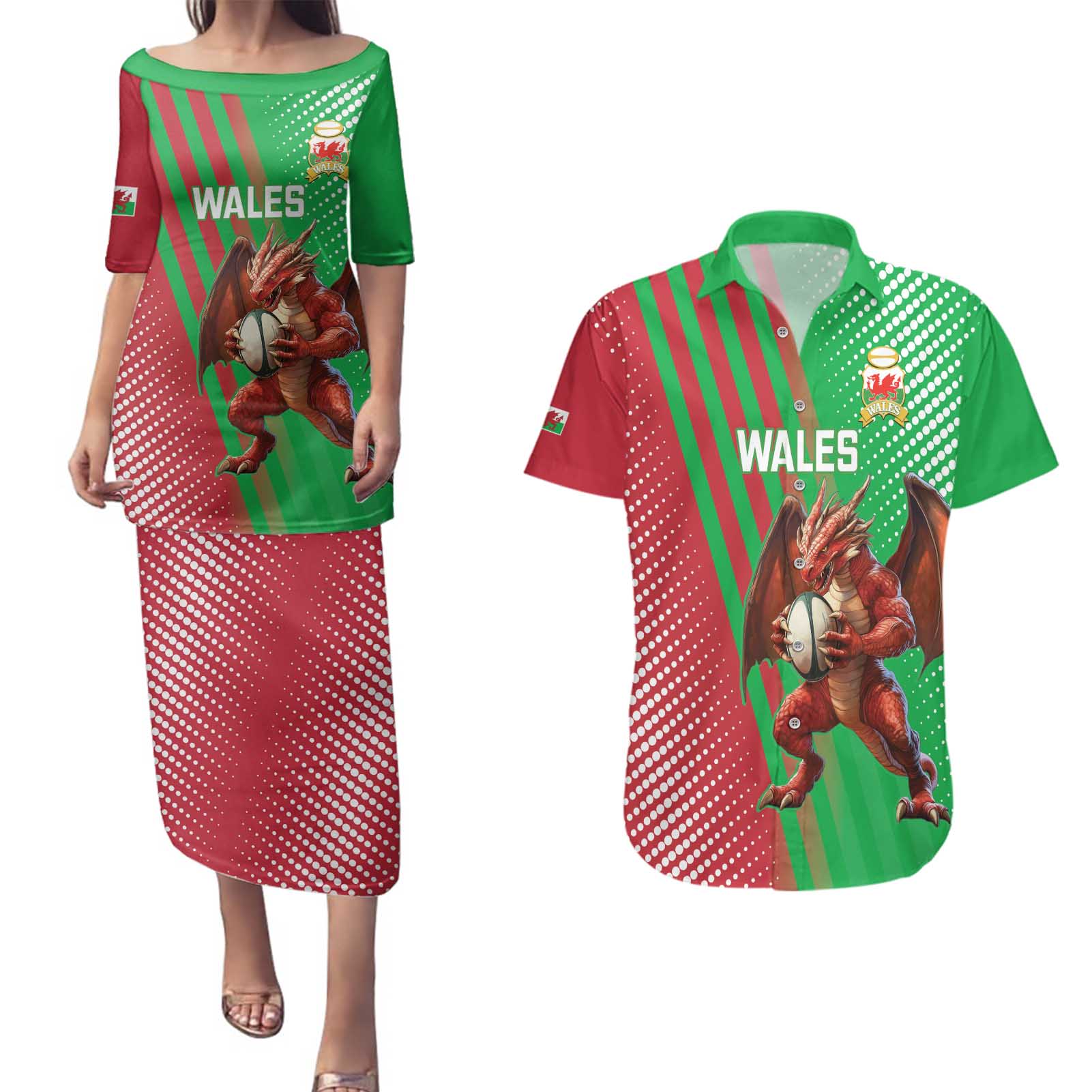 Custom Wales Rugby 2025 Couples Matching Puletasi and Hawaiian Shirt Go Welsh Dragon Sporty Style