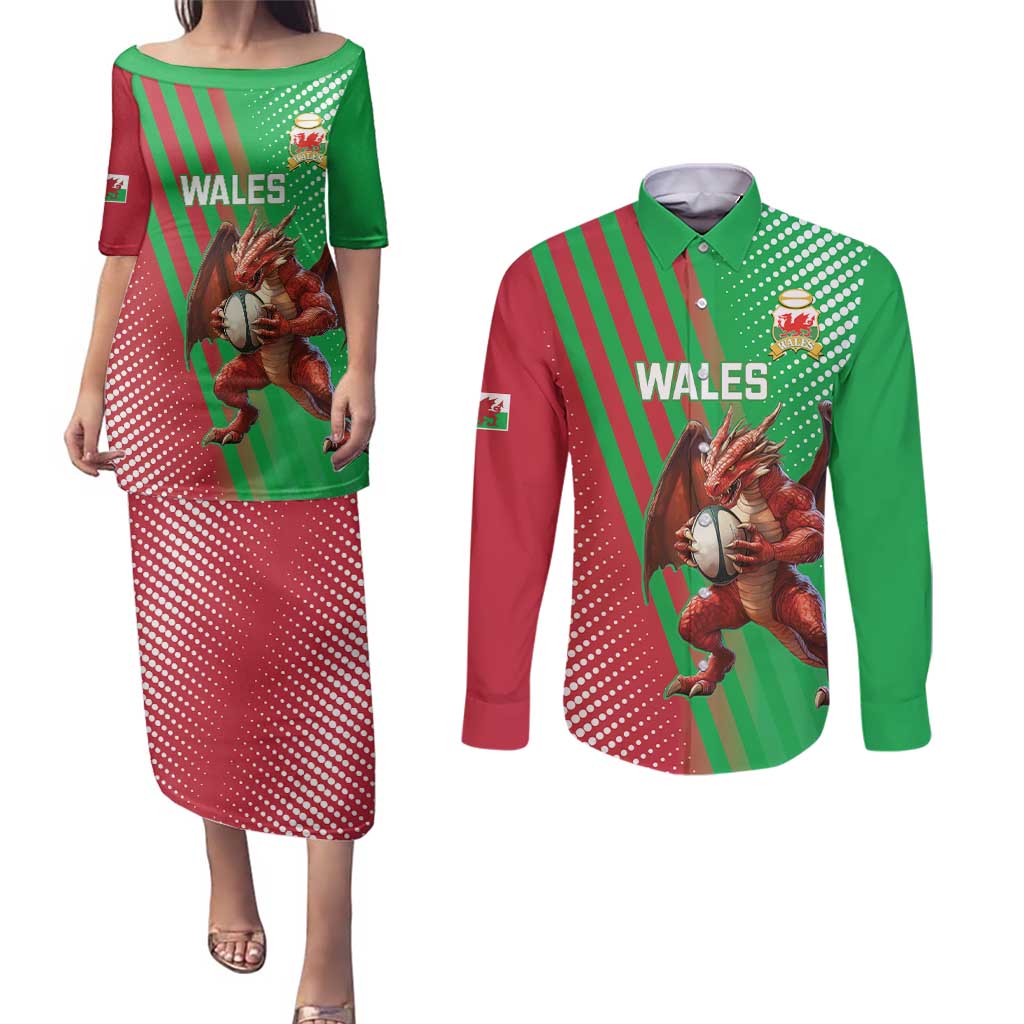 Custom Wales Rugby 2025 Couples Matching Puletasi and Long Sleeve Button Shirt Go Welsh Dragon Sporty Style