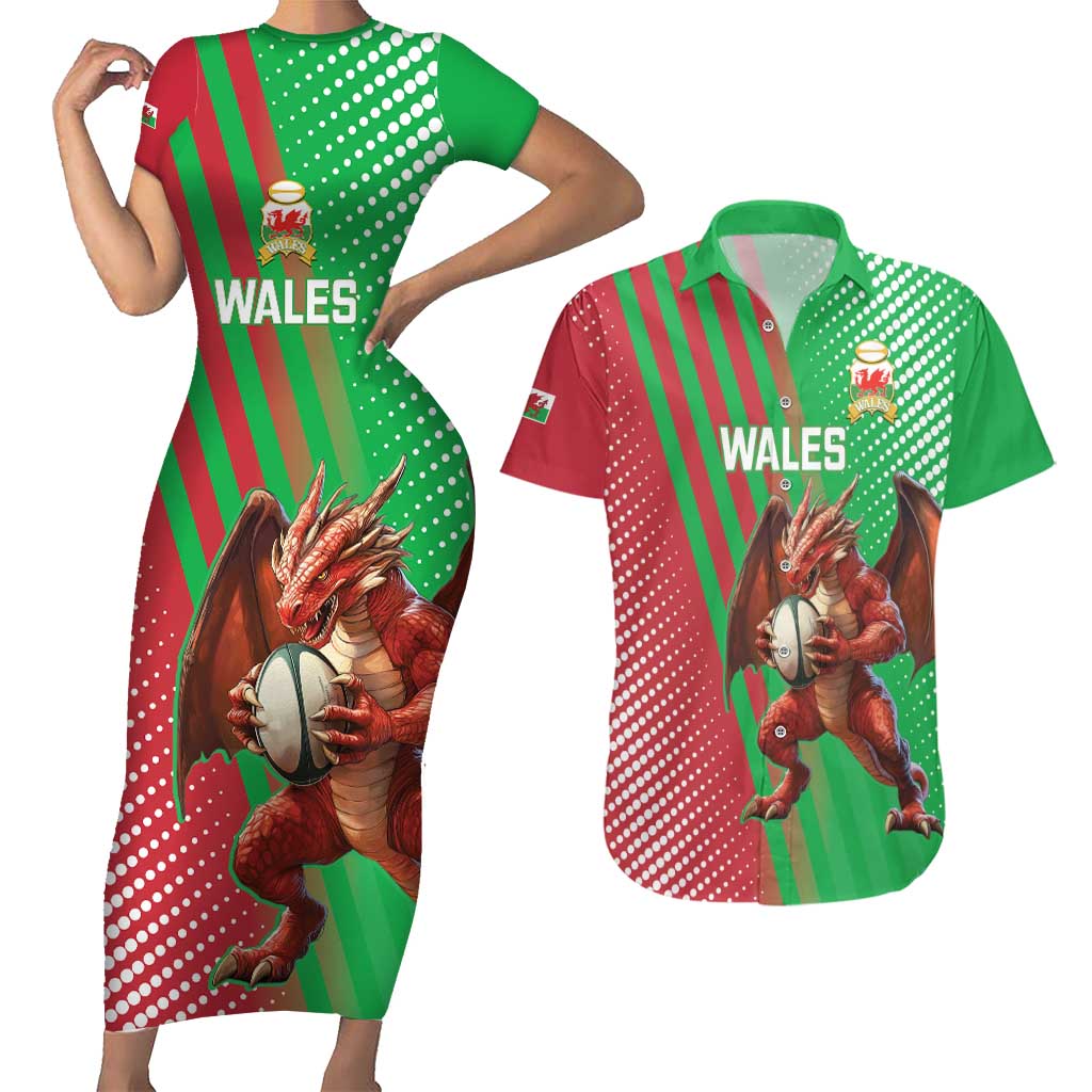 Custom Wales Rugby 2025 Couples Matching Short Sleeve Bodycon Dress and Hawaiian Shirt Go Welsh Dragon Sporty Style