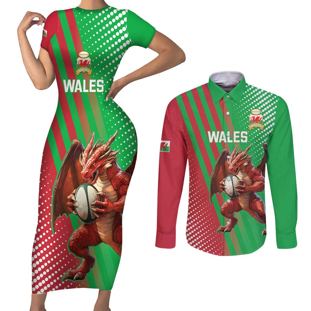 Custom Wales Rugby 2025 Couples Matching Short Sleeve Bodycon Dress and Long Sleeve Button Shirt Go Welsh Dragon Sporty Style