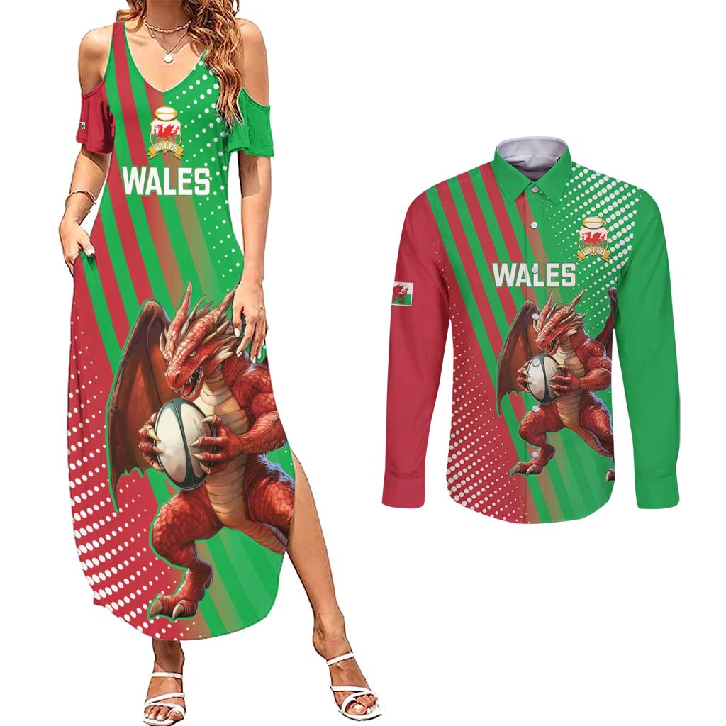 Custom Wales Rugby 2025 Couples Matching Summer Maxi Dress and Long Sleeve Button Shirt Go Welsh Dragon Sporty Style